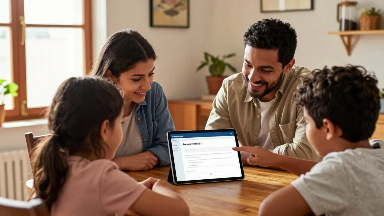 Familia revisando la organización de documentos en una tableta durante una reunión tranquila en casa.