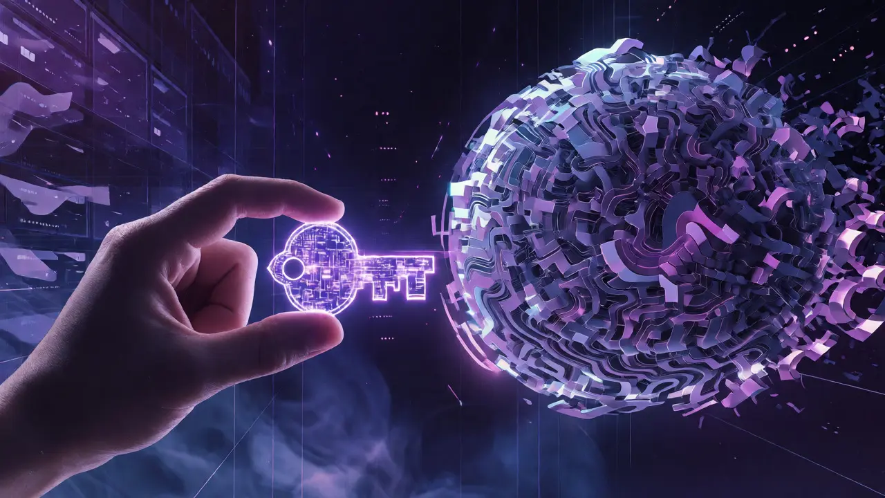 Mano sosteniendo clave digital frente a esfera de datos cifrados e ilegibles